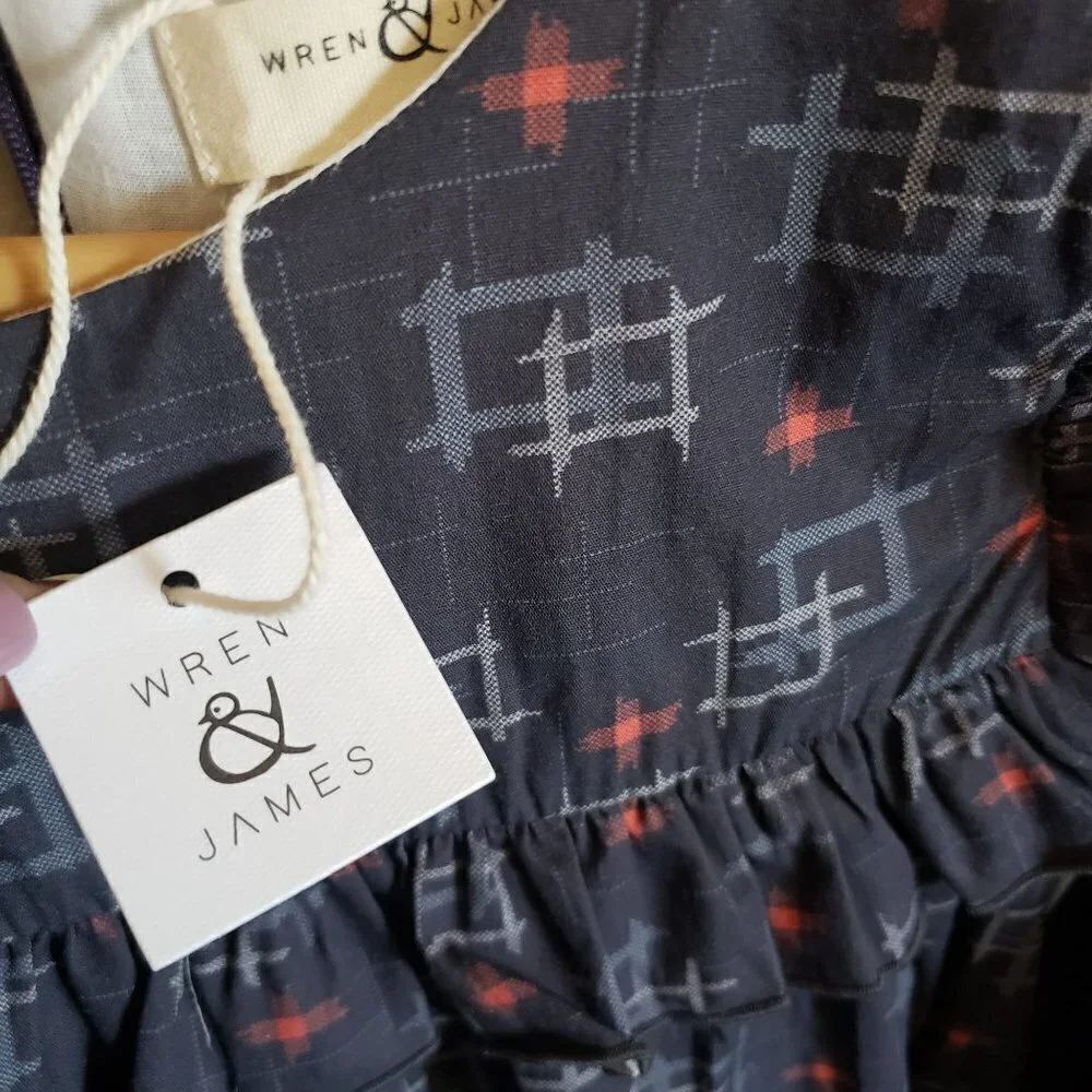 Wren & James Ruffle Bib Long Sleeve Cotton Shift Dress Navy Blue Sz Kids 10 NEW